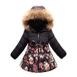 Girls' Long Flower Printing Bowknot Winter Hooded Down Jacket 7-8 Years